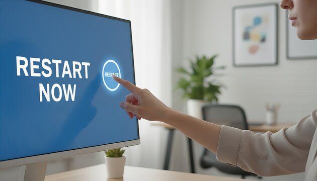 Computer showing “RESTART NOW” on screen in modern blurred home office background