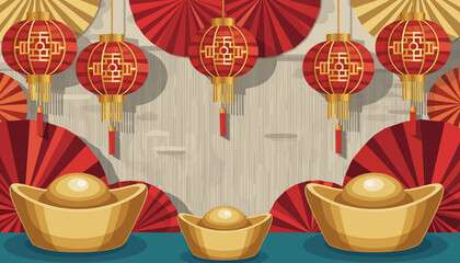 Traditional Chinese New Year decorations with red lanterns, paper fans, and gold ingots.