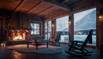 A cozy, rustic cabin interior decorated for Christmas, featuring a warm fireplace, rocking chairs, and large windows overlooking a snowy mountain landscape.