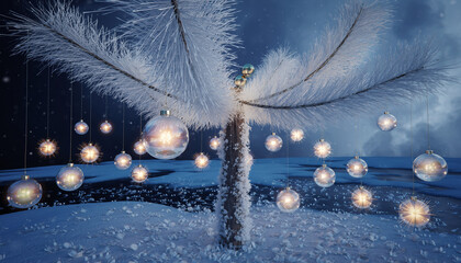 A magical winter scene featuring a snow-covered tree adorned with numerous glowing spherical ornaments in a serene, frosty landscape under a dark sky.