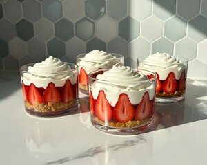 Illustration of delicious strawberry cheesecake dessert cups with graham cracker crust and whipped cream