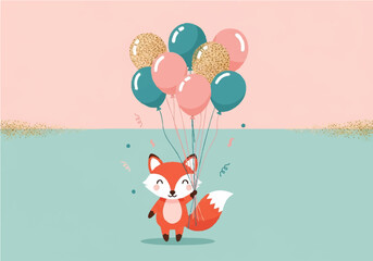 A cheerful cartoon fox holds a bunch of colorful balloons, celebrating with confetti.