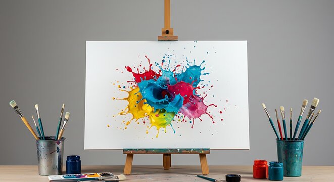 A canvas on an easel with a colorful paint splash surrounded by art supplies on a neutral background