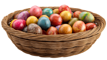 Woven basket filled with colorful decorative Easter eggs