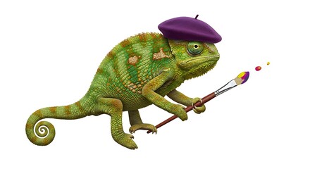 Naklejka premium A green chameleon wearing a purple beret holding a paintbrush with paint on a white background image