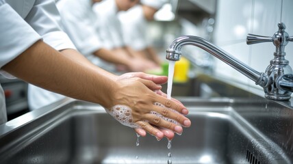 A person's hands food service worker vigorously washing with soap and water under a flowing, chrome faucet in a stainless steel sink.