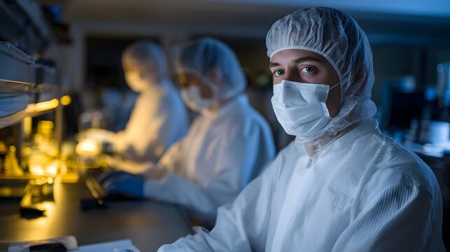 A scientist in protective gear looks directly at the in a dimly lit laboratory