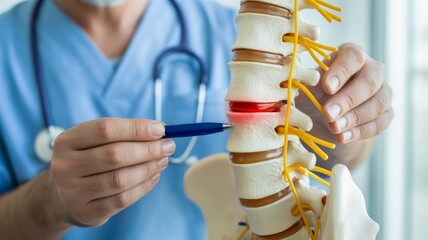 The professional is using a metallic pen or pointer to indicate a specific vertebra or nerve root on a highly detailed anatomical model of the human spinal column, including the lumbar.