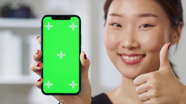 Smiling young Asian woman holding a smartphone with a green screen for chroma key compositing giving a thumbs up gesture indicating approval or success perfect for app promotion or digital content di.