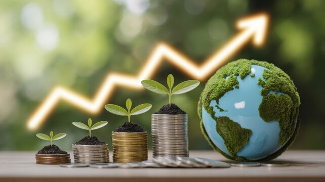 A conceptual image representing sustainable financial growth and environmental investment. In the foreground, there are five stacks of coins, incrementally increasing in height from left to right. - Powered by Adobe