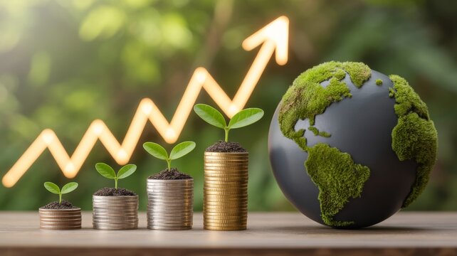 A conceptual image representing sustainable financial growth and environmental investment. In the foreground, there are five stacks of coins, incrementally increasing in height from left to right.