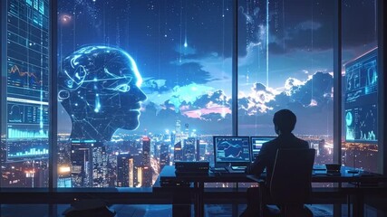 Futuristic Cityscape: Business and AI Collaboration in a High-Tech Office Setting - Powered by Adobe