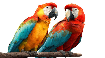 Fototapeta premium Two colorful scarlet macaws perched on a branch against white background