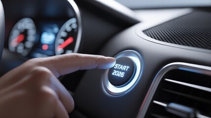 The button glows with a cool blue neon light and features the text "START 2026" prominently in the center, symbolizing the beginning of a new year, future plans, a fresh start.