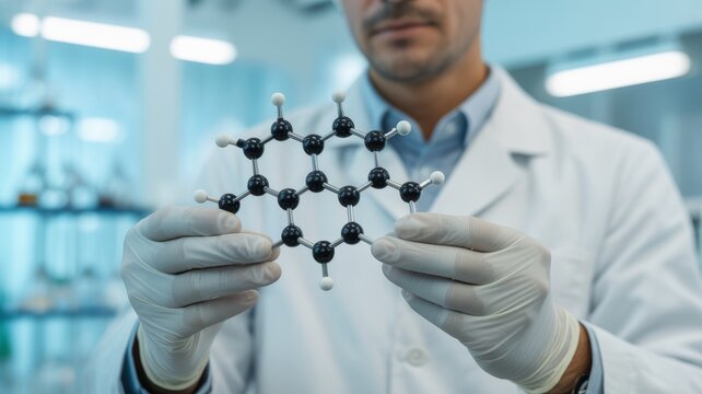 The scientist is carefully holding and examining a black and white molecular model, likely representing a complex organic compound such as a polycyclic aromatic hydrocarbon