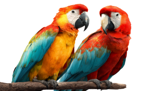 Two colorful scarlet macaws perched on a branch against white background