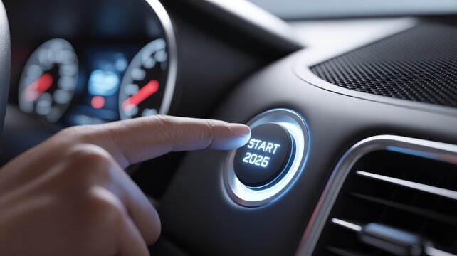 The button glows with a cool blue neon light and features the text "START 2026" prominently in the center, symbolizing the beginning of a new year, future plans, a fresh start.