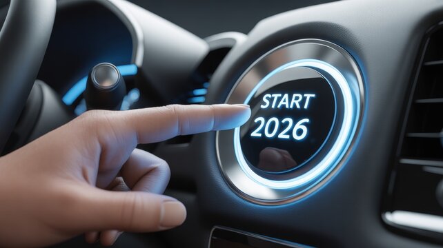 The button glows with a cool blue neon light and features the text "START 2026" prominently in the center, symbolizing the beginning of a new year, future plans, a fresh start.