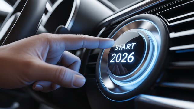 The button glows with a cool blue neon light and features the text "START 2026" prominently in the center, symbolizing the beginning of a new year, future plans, a fresh start. - Powered by Adobe