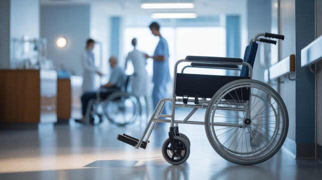 In the immediate foreground, an empty, unoccupied wheelchair with a dark seat and shiny metal frame is positioned, slightly angled towards the background.