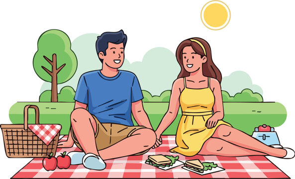 A couple enjoying a picnic on a checkered blanket in a park on a sunny day, with food and a picnic basket.