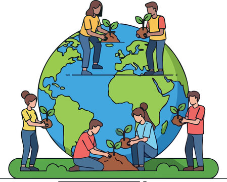 Diverse group of people planting trees around a green and blue globe, symbolizing global environmental conservation and sustainability efforts.