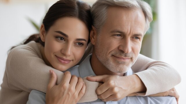 A heartwarming and intimate close-up portrait of a younger Caucasian woman embracing an older, middle-aged Caucasian man from behind.