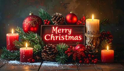 Festive Christmas Still Life with Candles and Decorations.