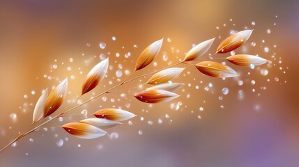 Close up macro view of a dry grass stem with seeds and water droplets in soft amber and purple bokeh background