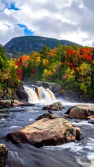 Cascading waterfall amidst autumn foliage, with mountain backdrop