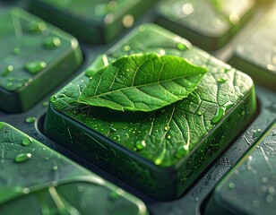 Close-up of green keyboard keys with a leaf and water droplets