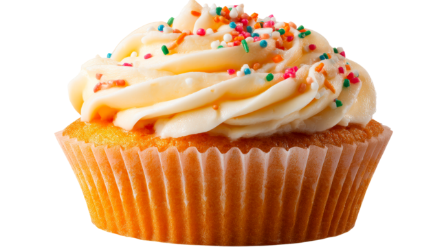 Festive cupcake with vanilla frosting and colorful sprinkles