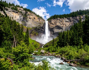 Cascading waterfall descends rocky cliffs into a turbulent river amid lush green forest