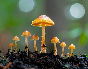 Close-up of mushrooms, growing in soil, with a blurred green backdrop