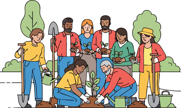 A diverse group of people planting trees and seedlings together in a community garden, demonstrating teamwork and environmental care.