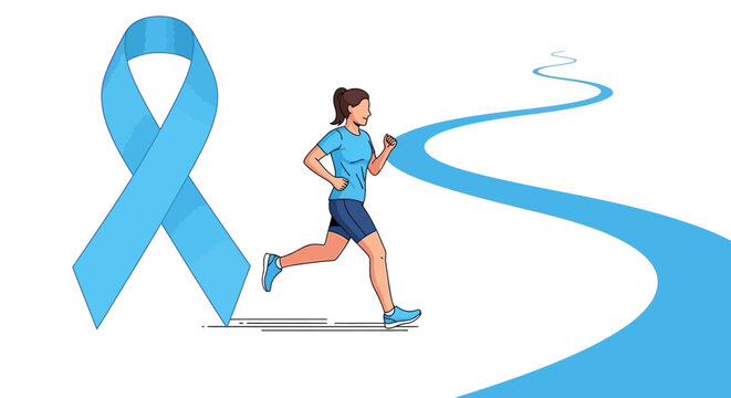 Dynamic woman in athletic wear running towards a brighter future, symbolized by a blue ribbon and winding path