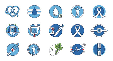 Dynamic icons symbolizing diabetes awareness, treatment, health, and medical care, perfect for healthcare campaigns and informational content.