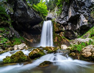 Cascading waterfall flowing over moss-covered rocks surrounded by lush trees and rocky cliffs