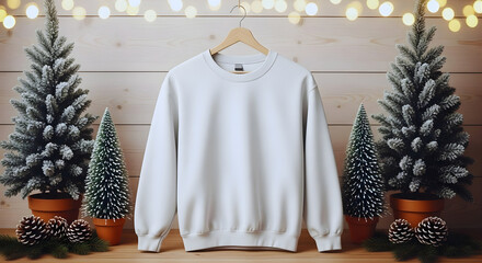 white blank sweatshirt on hanger with christmas decor, AI Generated