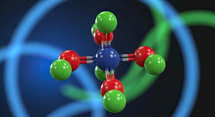 A molecular structure of a compound with a blue central atom surrounded by green and red spheres.