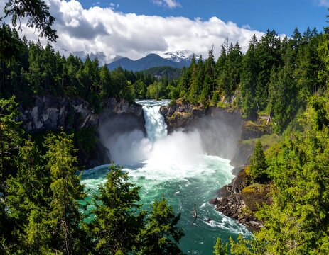 Cascading waterfall flows between evergreen trees with mountains in the background