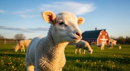 A lamb standing in a field with a barn in the background.