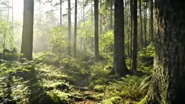Cinematic 8K video of a foggy forest in the morning with sunlight filtering through mist and tall trees. Peaceful and immersive atmosphere, perfect for relaxation, documentaries, or environmental 