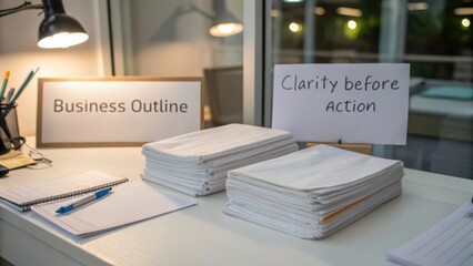 Business planning materials on a desk with notepads, notes, and printed messages promoting clarity and organization before action