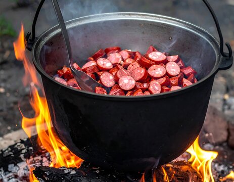 Cauldron of chopped sausage simmering over crackling flames outdoors, spoon resting inside