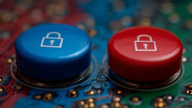 Two push buttons with lock symbols one blue and one red situated on a circuit board