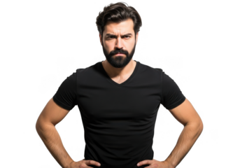 Man with beard wearing black t shirt isolated on transparent background