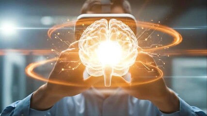 Man wearing vr headset with glowing ai brain visualization, symbolizing artificial intelligence and virtual reality - Powered by Adobe