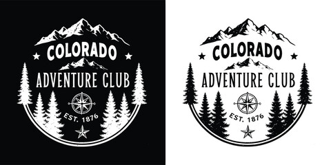 Colorado adventure club vintage emblem with mountains, pine trees, and compass, representing outdoor exploration and nature