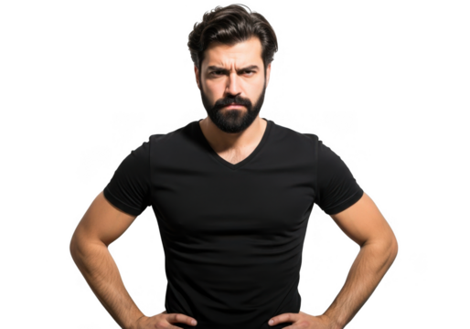 Man with beard wearing black t shirt isolated on transparent background